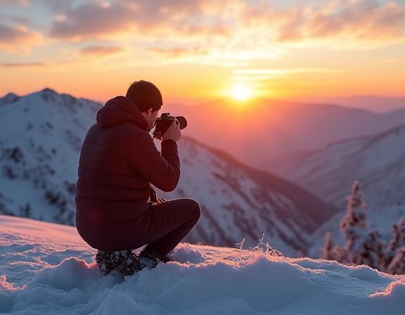 Photographer with a tripod capturing a snowy mountain sunrise