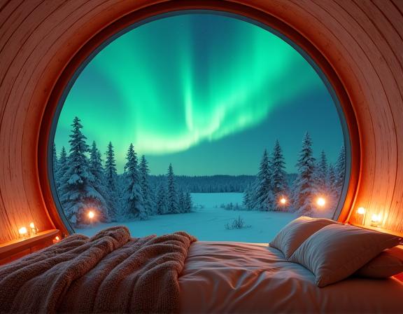Interior of a luxury glass igloo with a view of the aurora