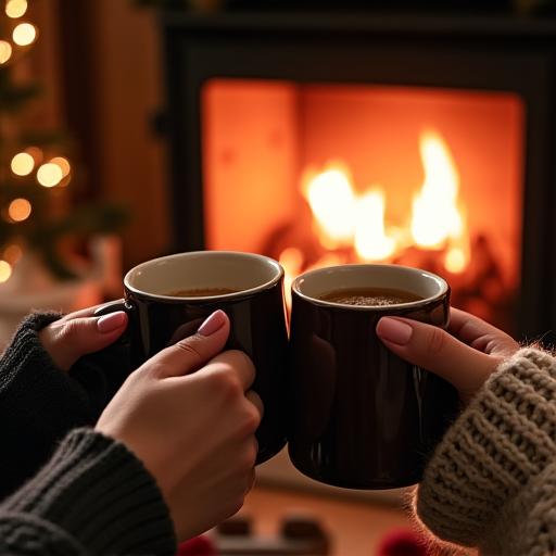 Two people toasting with warm drinks by a fireplace in a rustic cabin