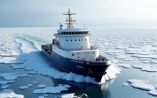An icebreaker ship moving through frozen sea ice