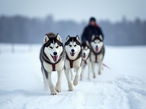 A team of Siberian Huskies pulling a sled in the snow