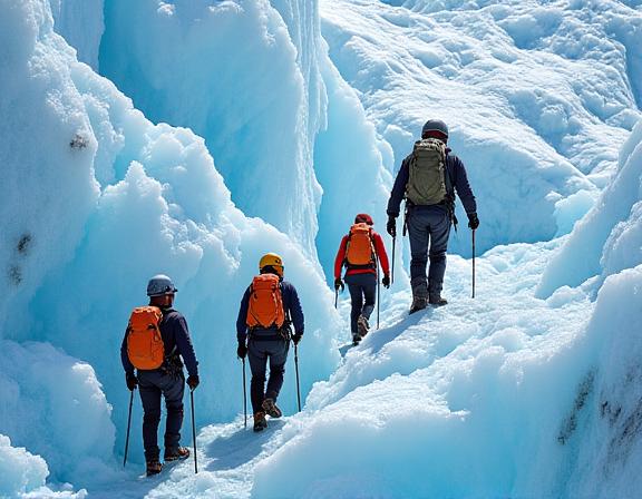 Group of explorers trekking on a vast blue glacier