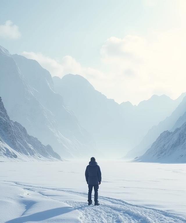 A solitary figure admiring a vast, serene winter landscape